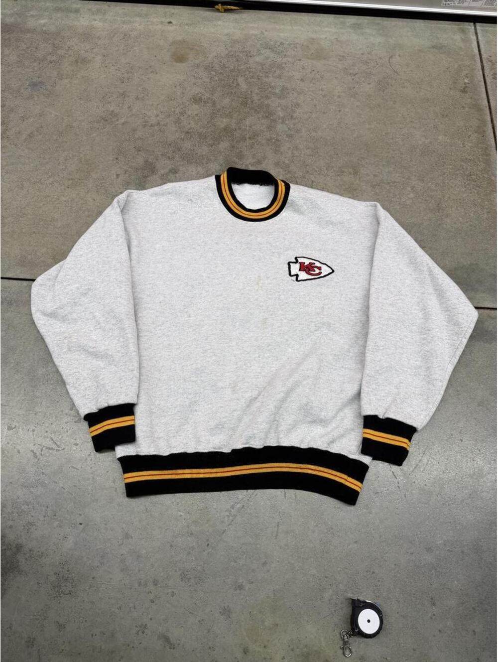 vintage kansas city chiefs made in usa grey ringer crewneck size large HAS STAIN